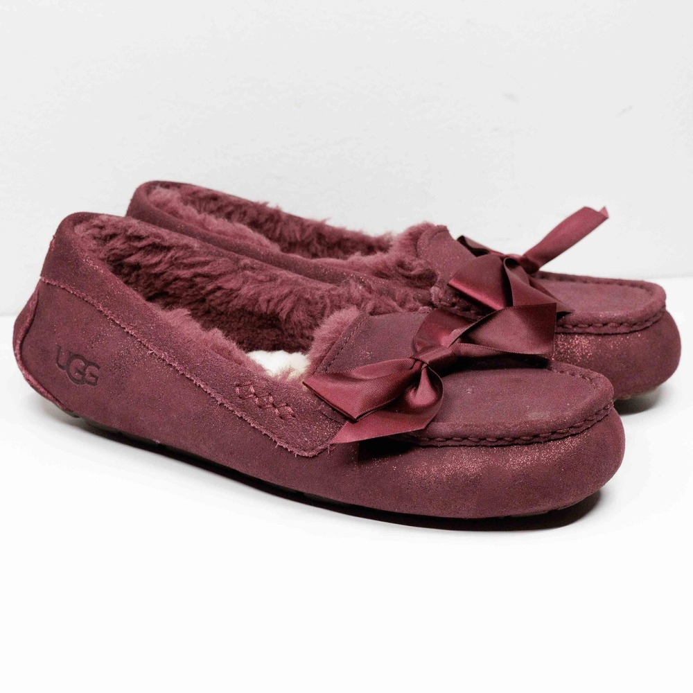 UGG Ansley Shimmer Bow Moccasin Slipper‎ Loafer Burgundy Sz 10